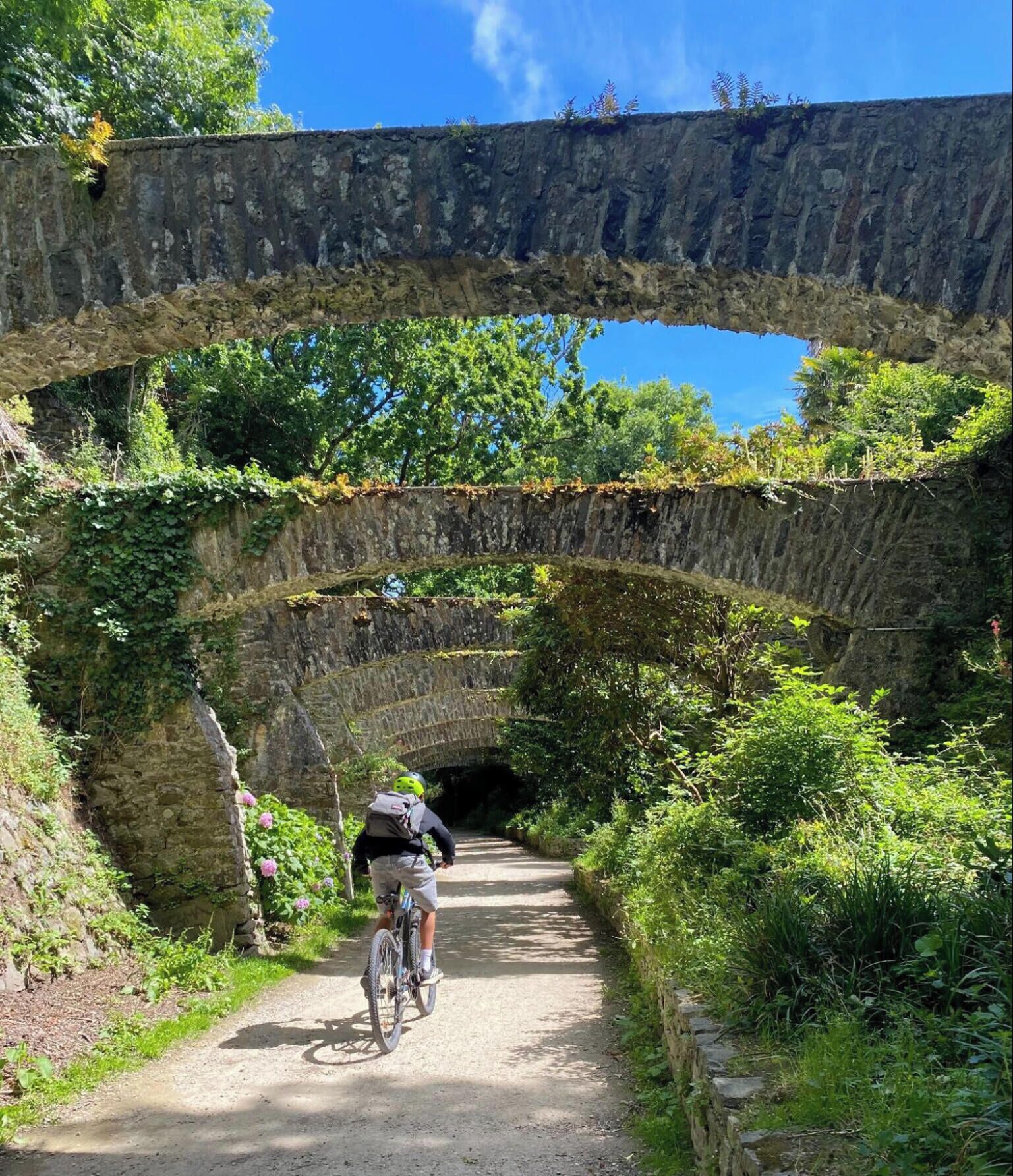 Een fietser op een onverhard pad onder een stenen brug, met begroeiing aan weerszijden.