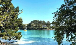 Um lago tranquilo com águas cristalinas, cercado por árvores densas e uma pequena ilha com uma casa.