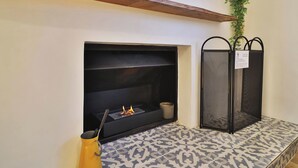 Ein Kamin mit modernem Design, ein dekoratives Regal darüber und eine kleine Pflanze an der Wand.