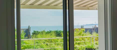 Ein Balkon mit Meerblick, einem Stuhl und einem Blumentopf.