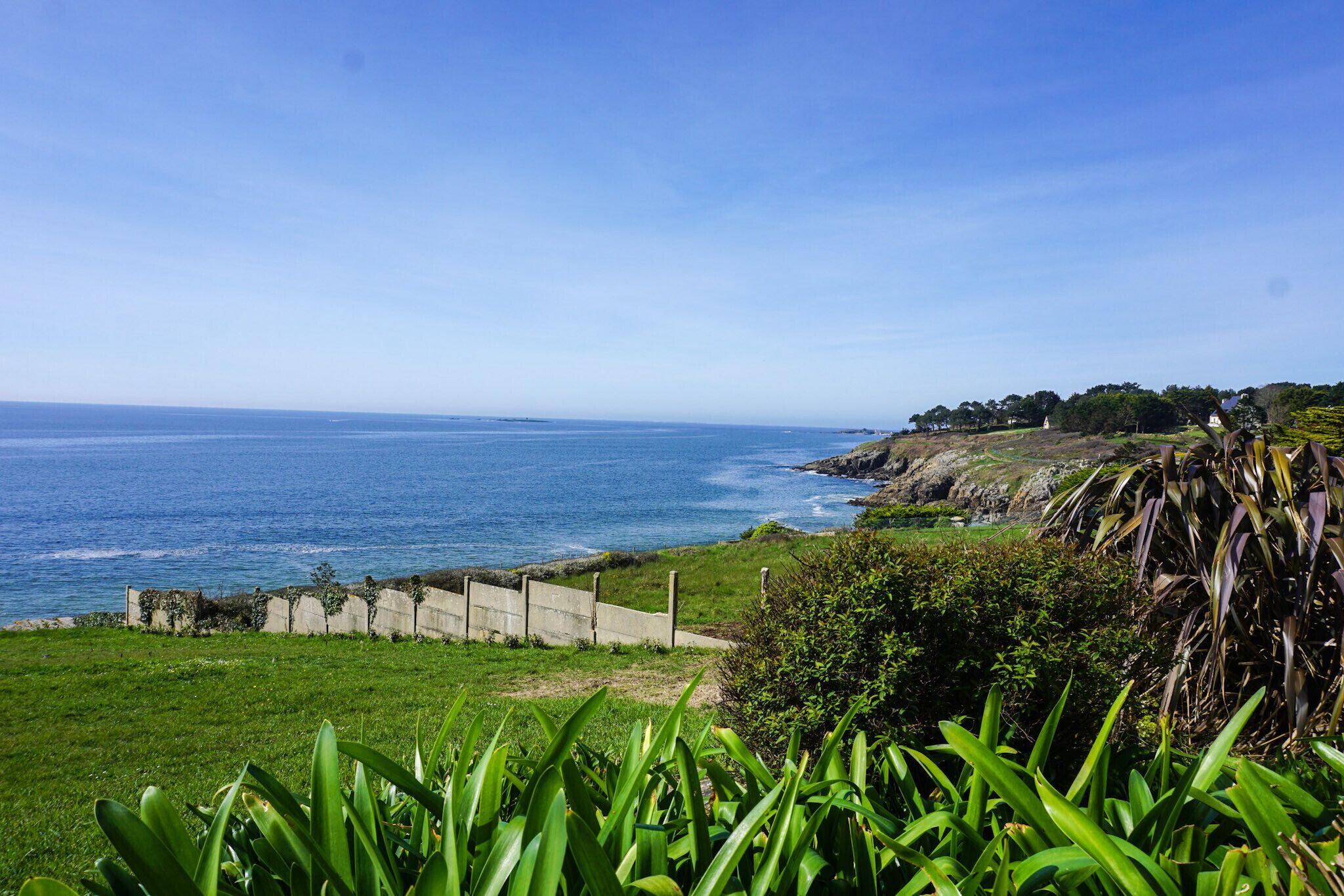 A coastal landscape with a clear view of the ocean, a grassy area, and a concrete barrier.