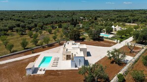 A modern villa with a swimming pool, surrounded by olive groves and a clear sky.