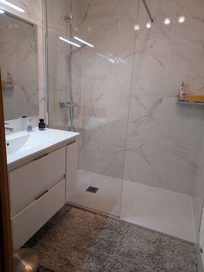 Regadera, secadora de cabello, toallas, papel de baño 