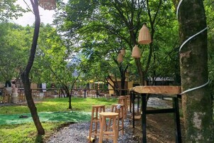 Un área de estar al aire libre con sillas y mesas de madera, rodeada de árboles y follaje.