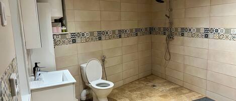 Un baño con inodoro, lavamanos, ducha y paredes con azulejos.