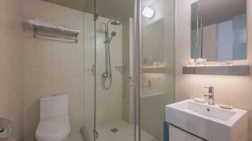 A modern bathroom with a glass-enclosed shower, a white toilet, and a sink with a mirror above it.