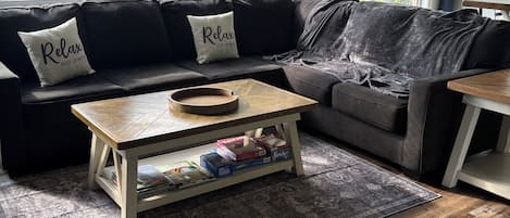 Smart TV, fireplace, books