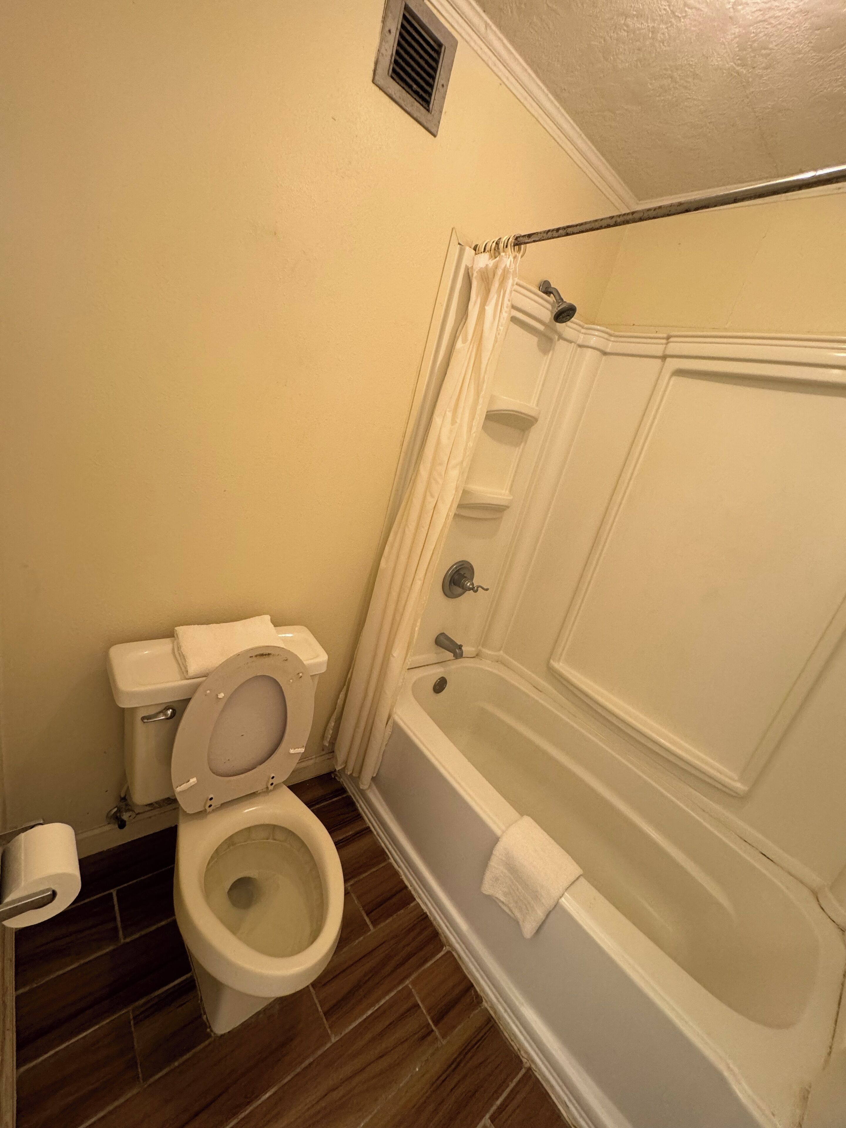 A bathroom with a toilet, a bathtub, and a shower curtain.