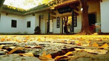 Un edificio tradicional con techo de tejas, un camino de piedra y un árbol en primer plano.