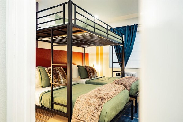 1 bedroom, desk, iron/ironing board, travel cot
