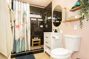 A bathroom with a shower, toilet, vanity, and a mirror.