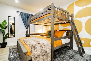 1 bedroom, desk, iron/ironing board, travel cot