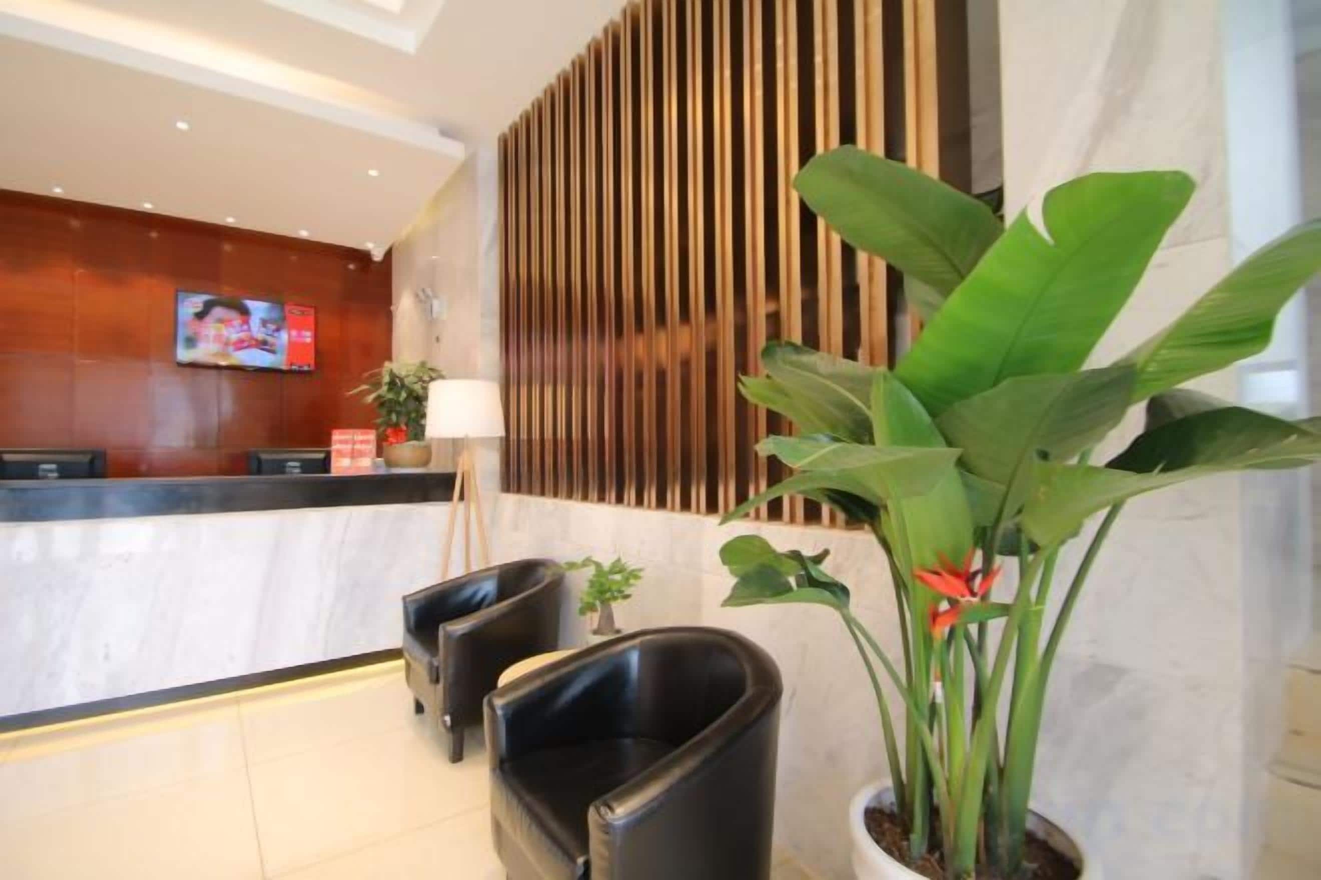A reception area with a wooden reception desk, two black leather chairs, a potted plant, and a wall-mounted television.