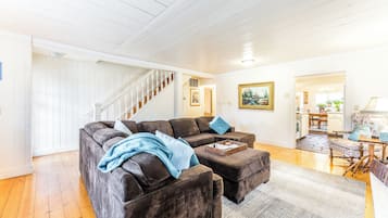 Smart TV, fireplace, books, stereo