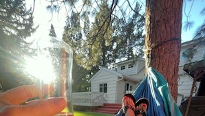 A hammock with a person lying in it, holding a glass of wine.