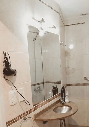Hair dryer, bidet, towels, soap