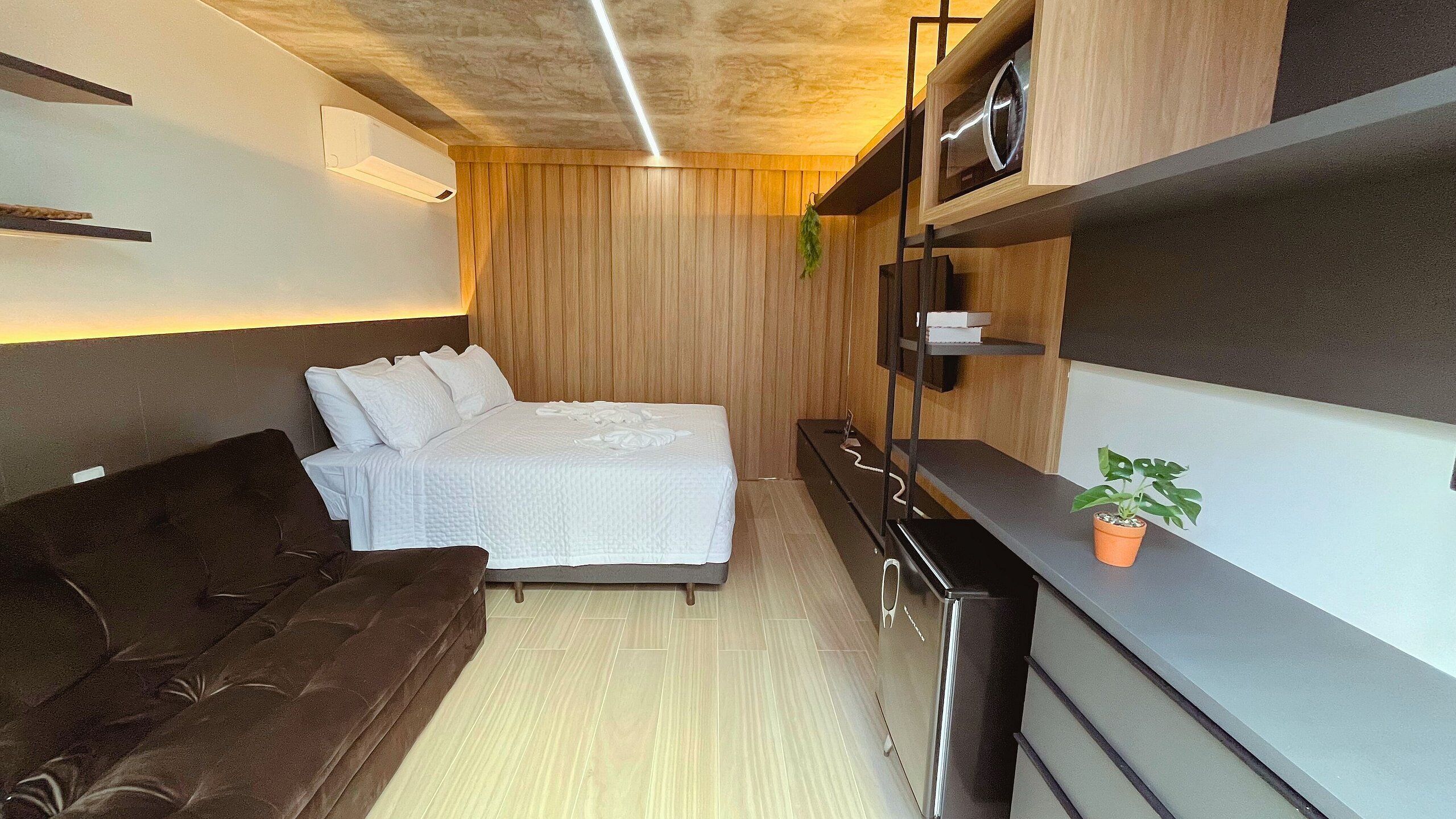 A compact hotel room with a bed, a sofa, a small desk, and a potted plant.