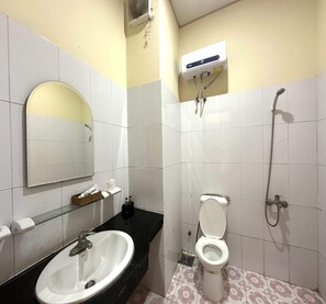 Une salle de bain avec un lavabo, des toilettes et une douche.
