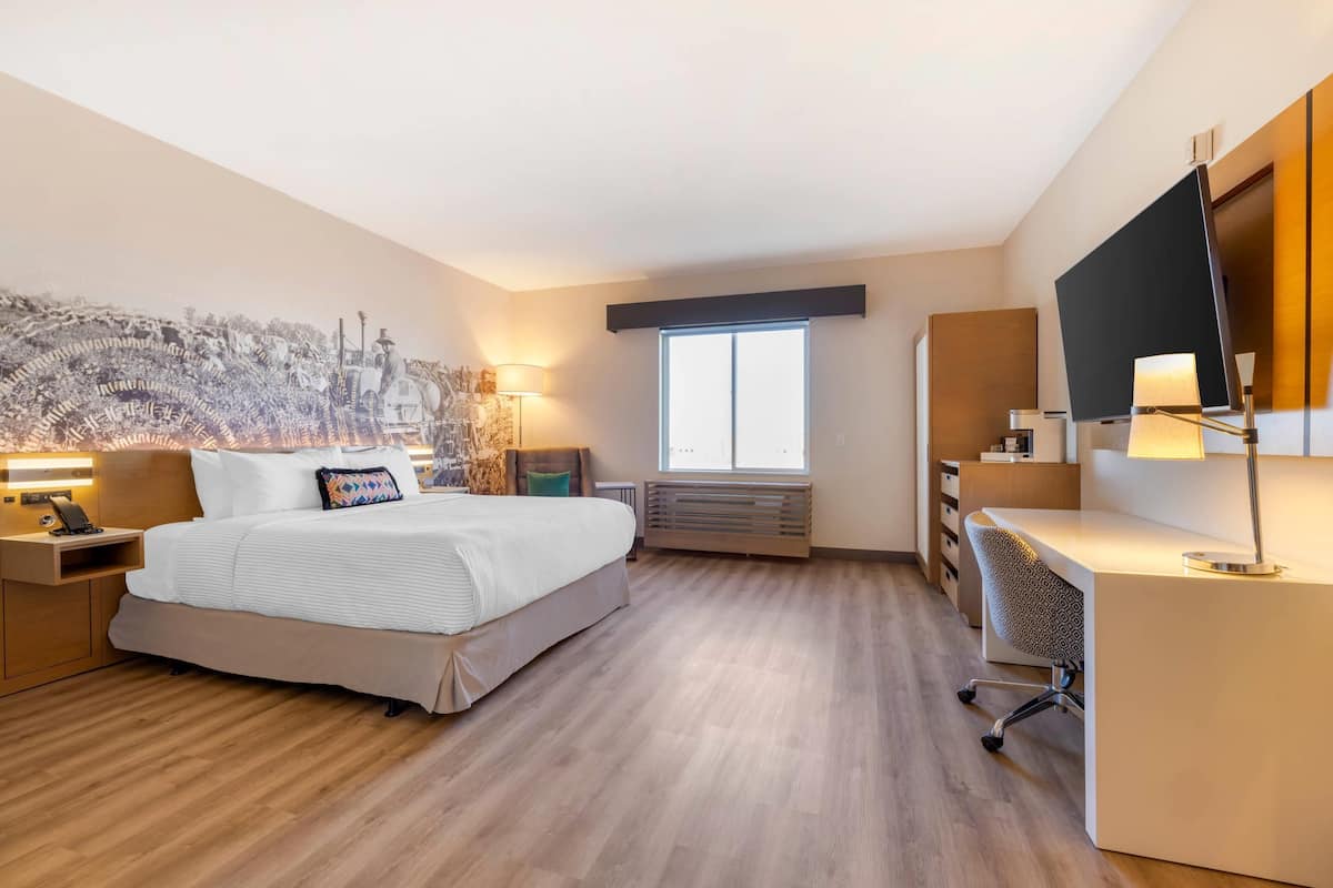 Habitación de hotel moderna con una cama grande, un escritorio, una silla, un televisor de pantalla plana y un ventanal amplio.