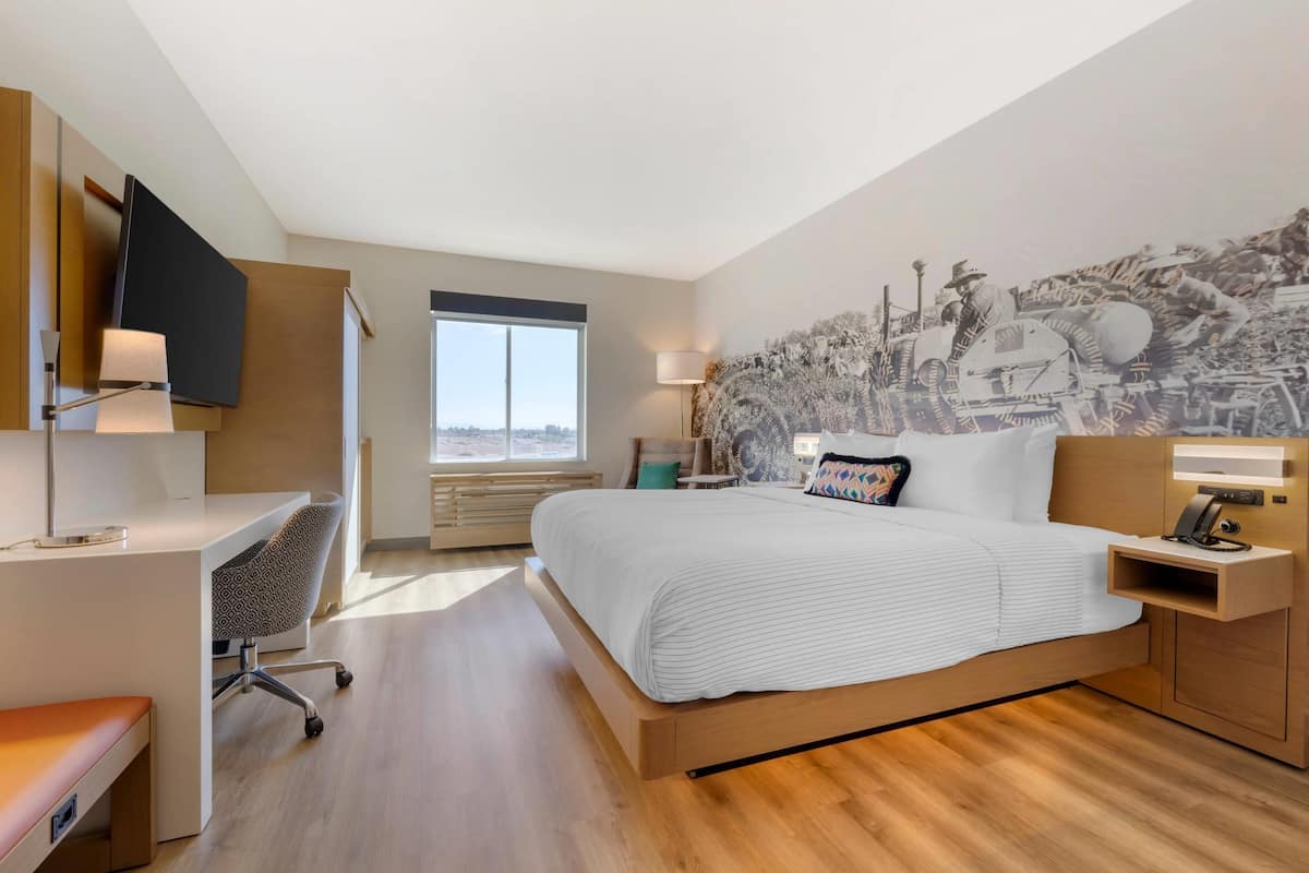 Una habitación de hotel moderna con una cama grande, un escritorio, una silla, un televisor y una ventana con vistas.