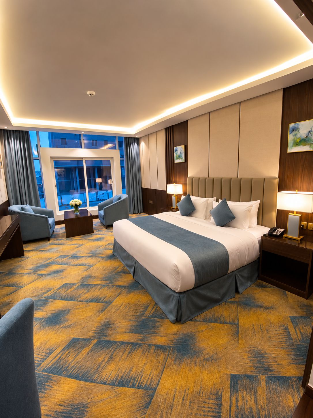 A hotel room with a large bed, two bedside tables, a desk, and a chair. There is a window with curtains, a painting on the wall, and a view of buildings outside.
