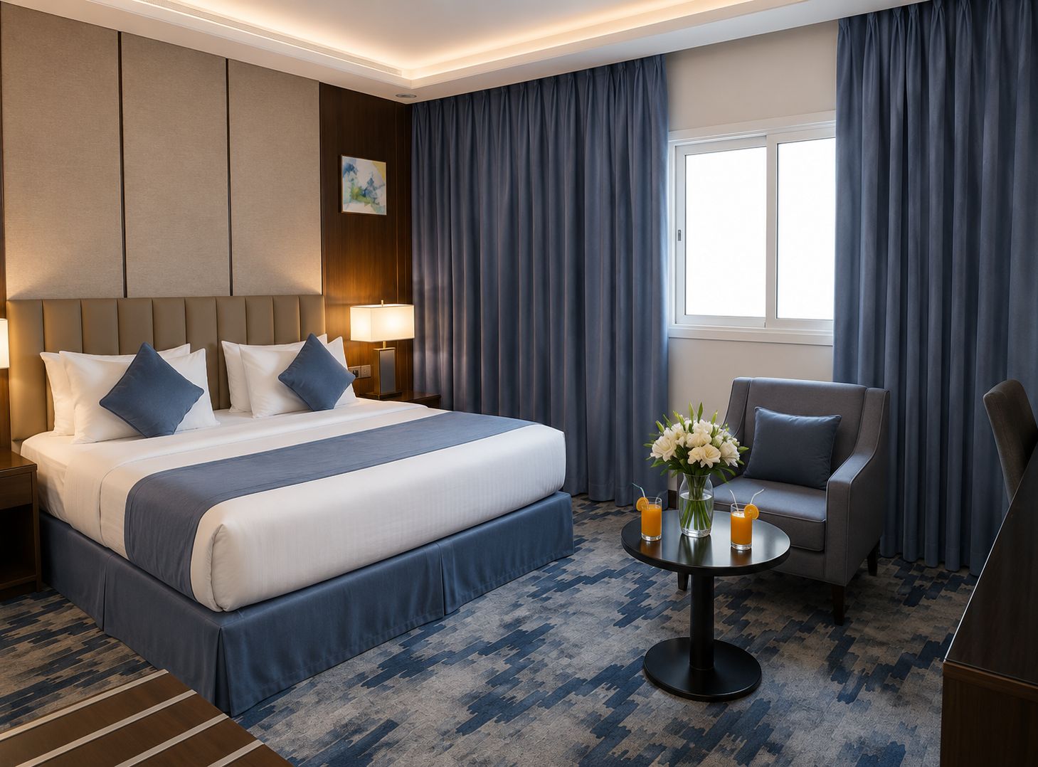 Habitación de hotel con una cama grande, un escritorio con silla, una ventana con cortinas y un florero con flores en el escritorio.