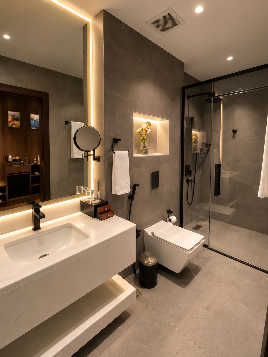 Deluxe King Studio | Bathroom | Hair dryer, slippers, bidet, towels