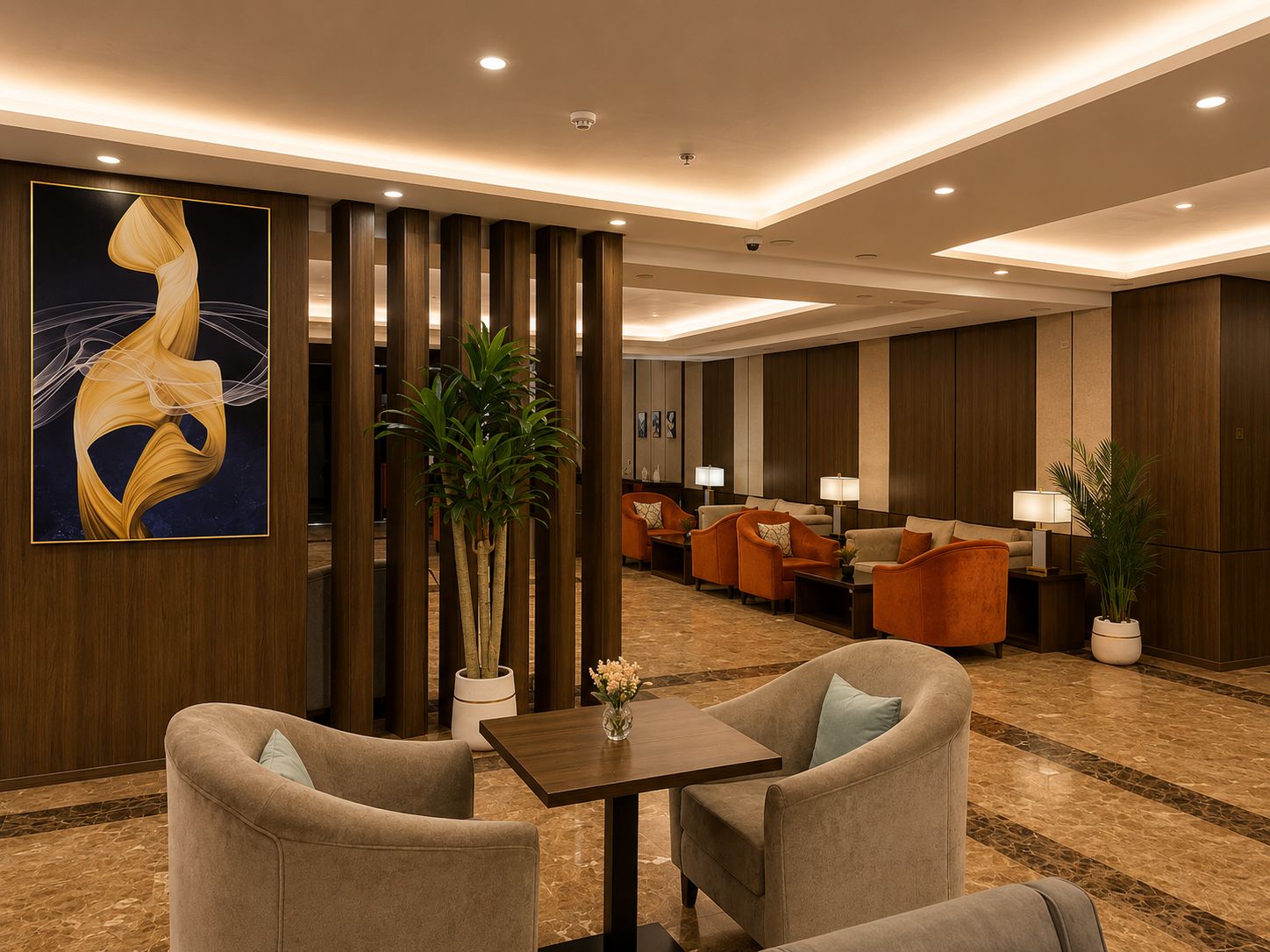 A hotel lobby with a reception desk, seating area, and a large abstract painting.