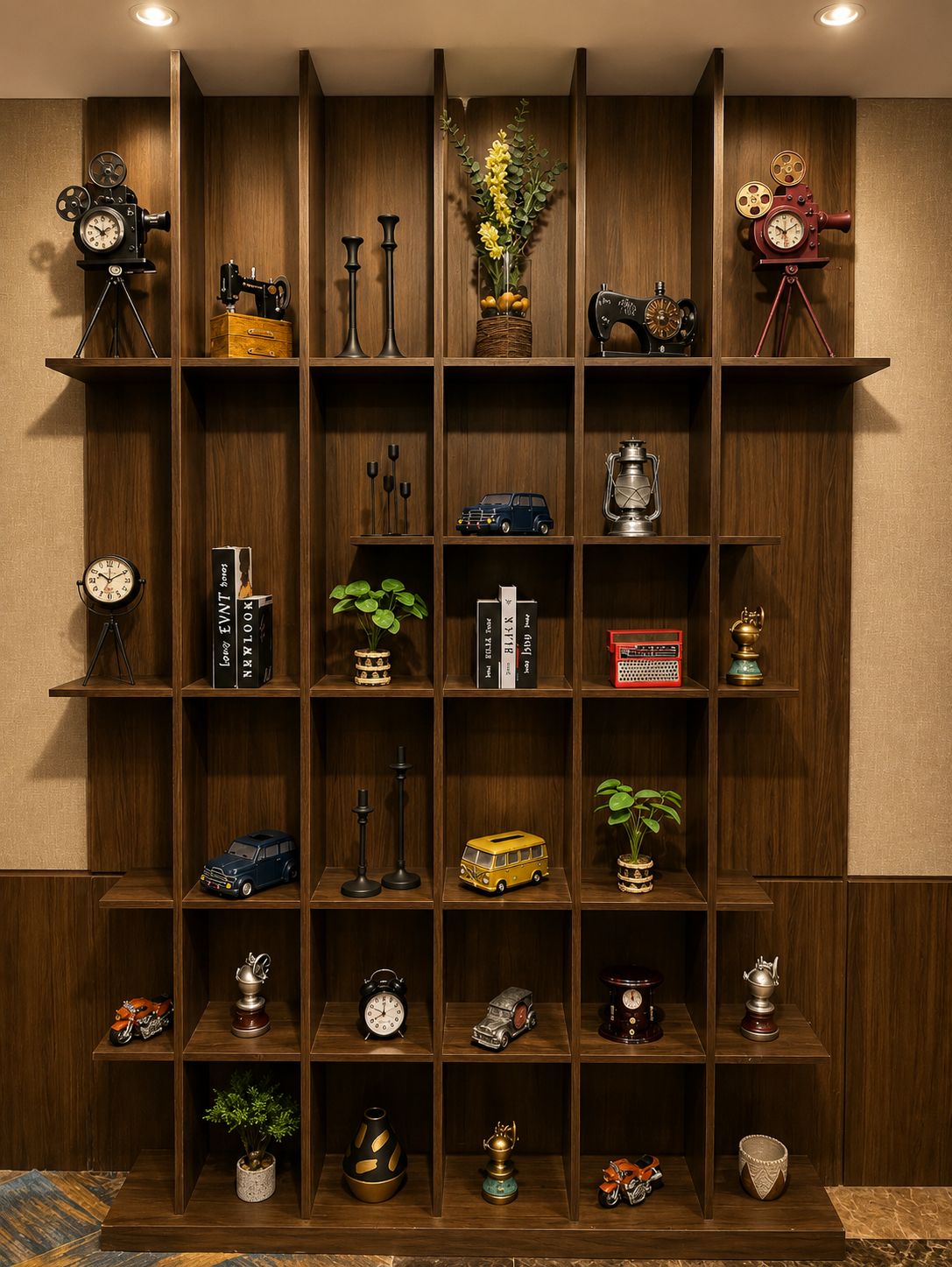 A wooden bookshelf with various items including clocks, books, and decorative objects.