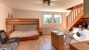 A compact room with a bunk bed, a small kitchenette, a dining area, and a view of the outdoors. - Le Nid des Vosges - Appt vue montagne (Gérardmer)