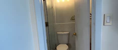 Un couloir étroit mène à une salle de bain équipée de toilettes, d’une douche et d’un luminaire placé au-dessus des toilettes.