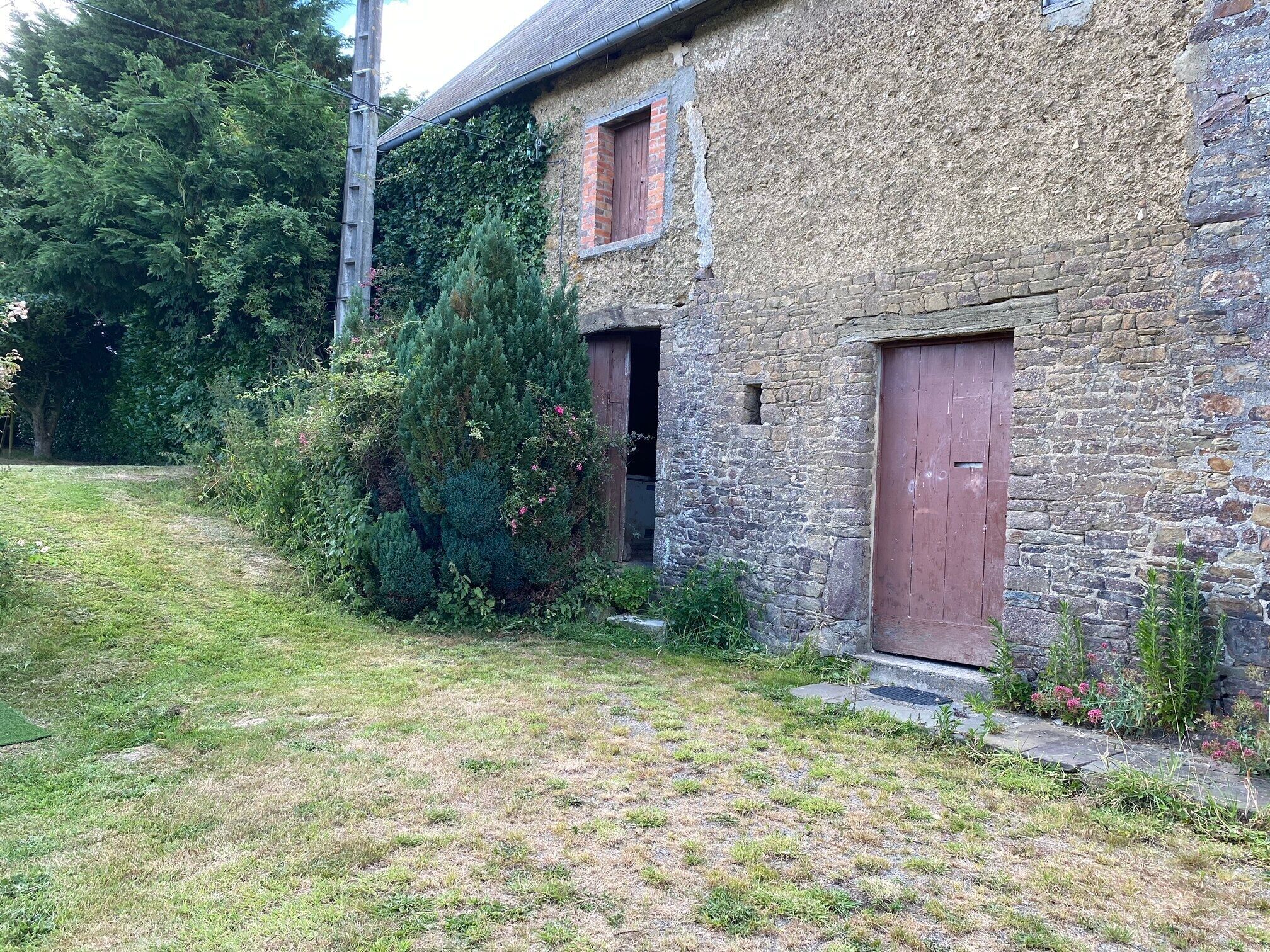 A rustic stone building with a wooden door and window, surrounded by a grassy yard and dense foliage.