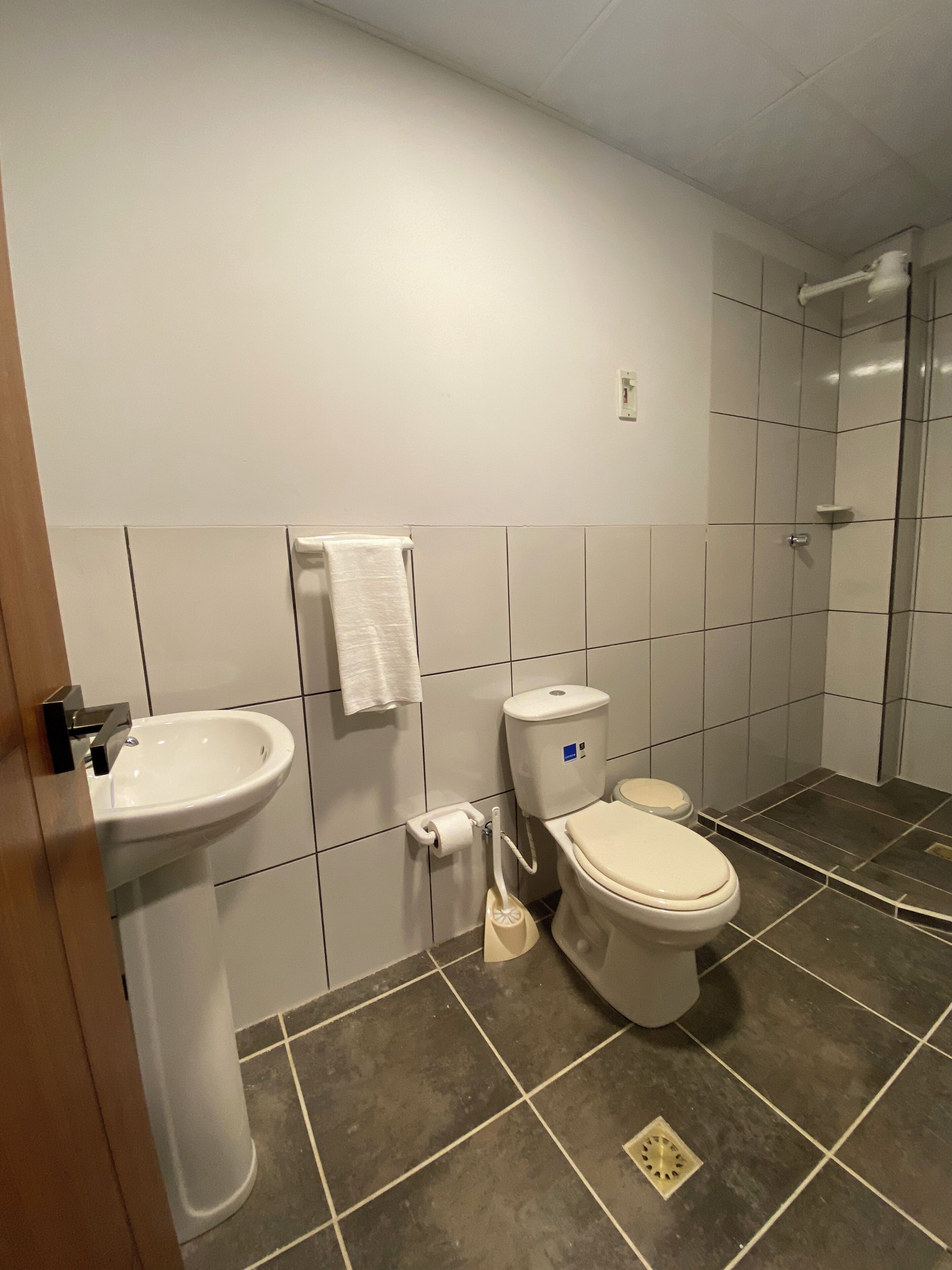 A bathroom with a sink, toilet, and shower.
