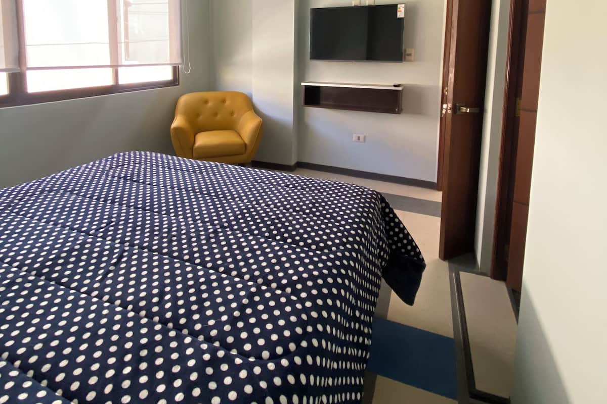 A bedroom with a bed, a chair, a TV, and a door.