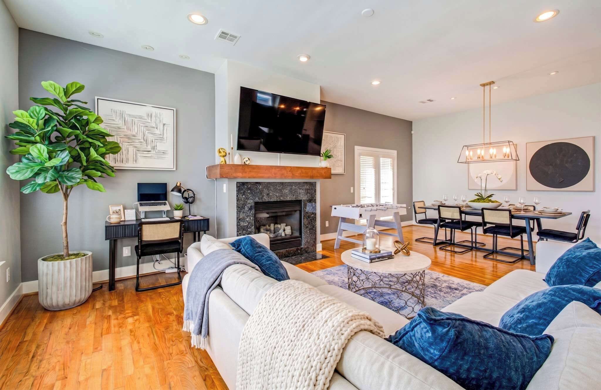 TV, fireplace, books, offices