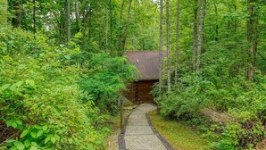Un étroit sentier de gravier mène à un chalet en bois, entouré d’un feuillage verdoyant et dense.
