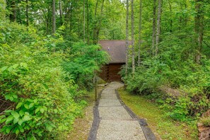 A narrow gravel path leading to a wooden cabin surrounded by dense green foliage. - 5 Min Old Mans Cave & Falls | Hot Tub | Game Table (Logan)