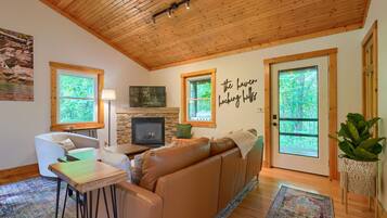 Televisie, een open haard, videospelletjes en een dvd-speler