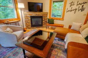 Smart TV, fireplace, video games, DVD player