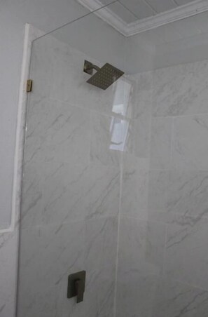 Shower, towels, shampoo, toilet paper