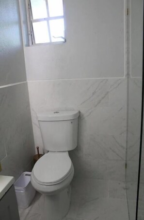 Chuveiro, toalhas de banho, shampoo, papel higiênico