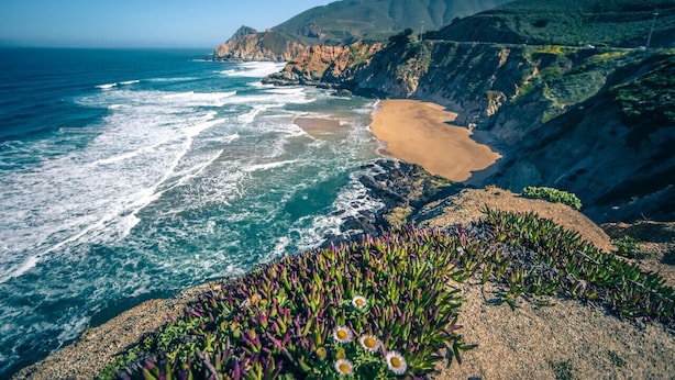 Un paysage côtier comprenant une plage, des falaises rocheuses et de la végétation.