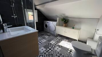 Hair dryer, towels, soap, toilet paper