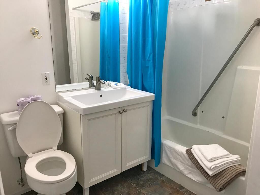 Un baño con inodoro blanco, lavamanos con espejo y zona de ducha con cortina azul.