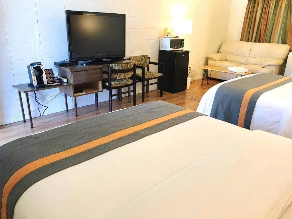 Habitación de hotel con cama, televisor, escritorio con silla, microondas y sofá.