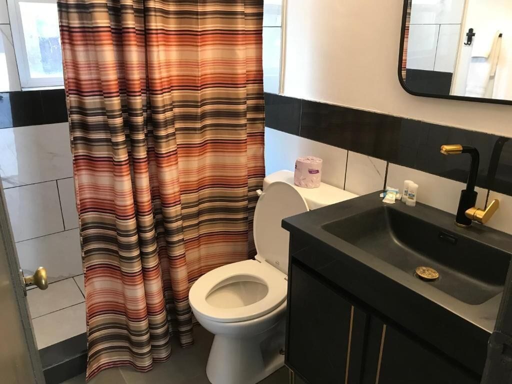 Un baño con cortina de ducha a rayas, un inodoro, un lavamanos con encimera negra y un espejo sobre el lavamanos.