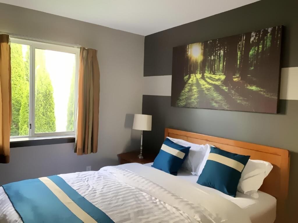 Habitación de hotel con una cama grande, un cuadro de un bosque, una mesita de noche con una lámpara y una ventana con cortinas.