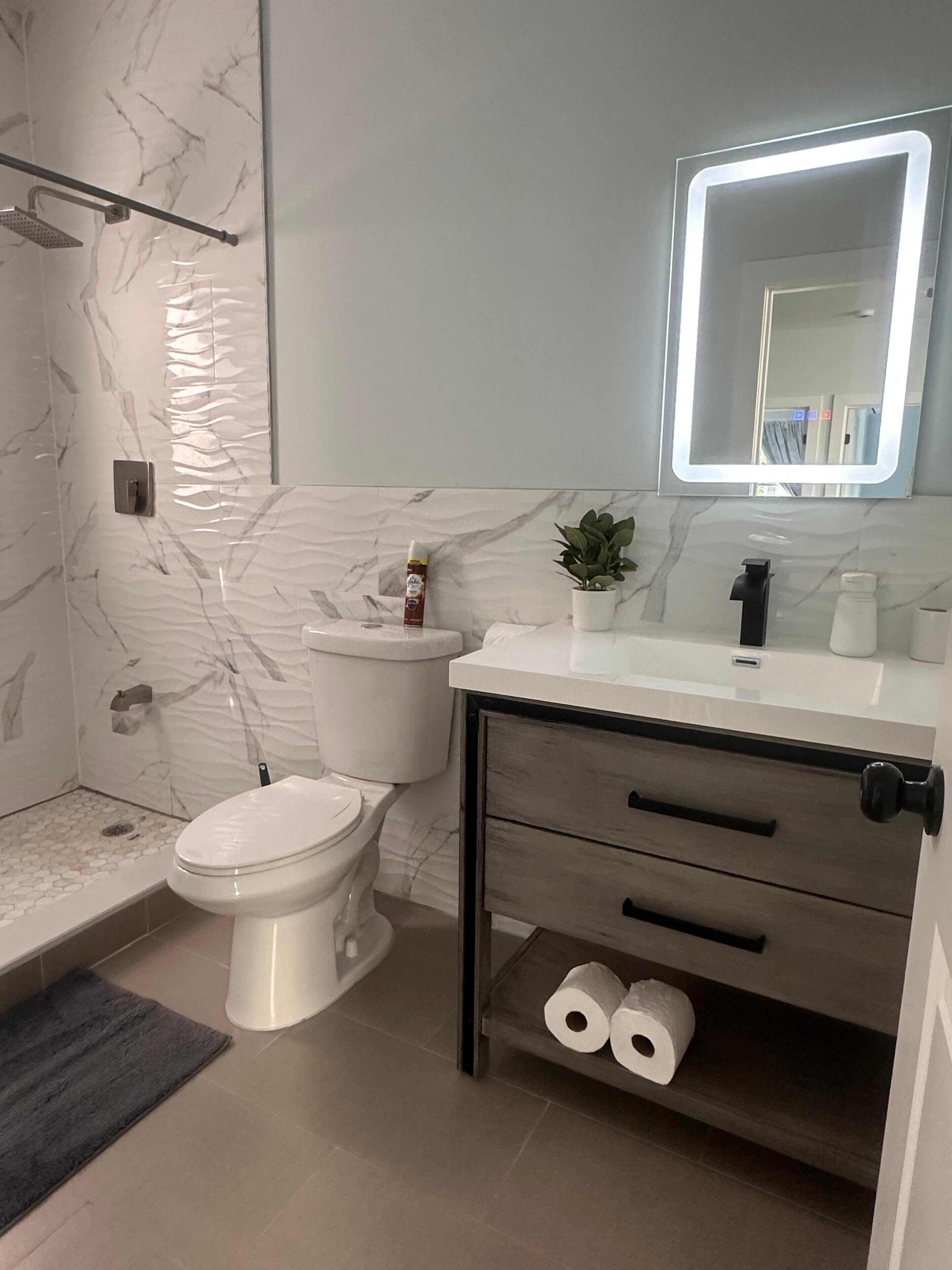 Hair dryer, towels, soap, shampoo