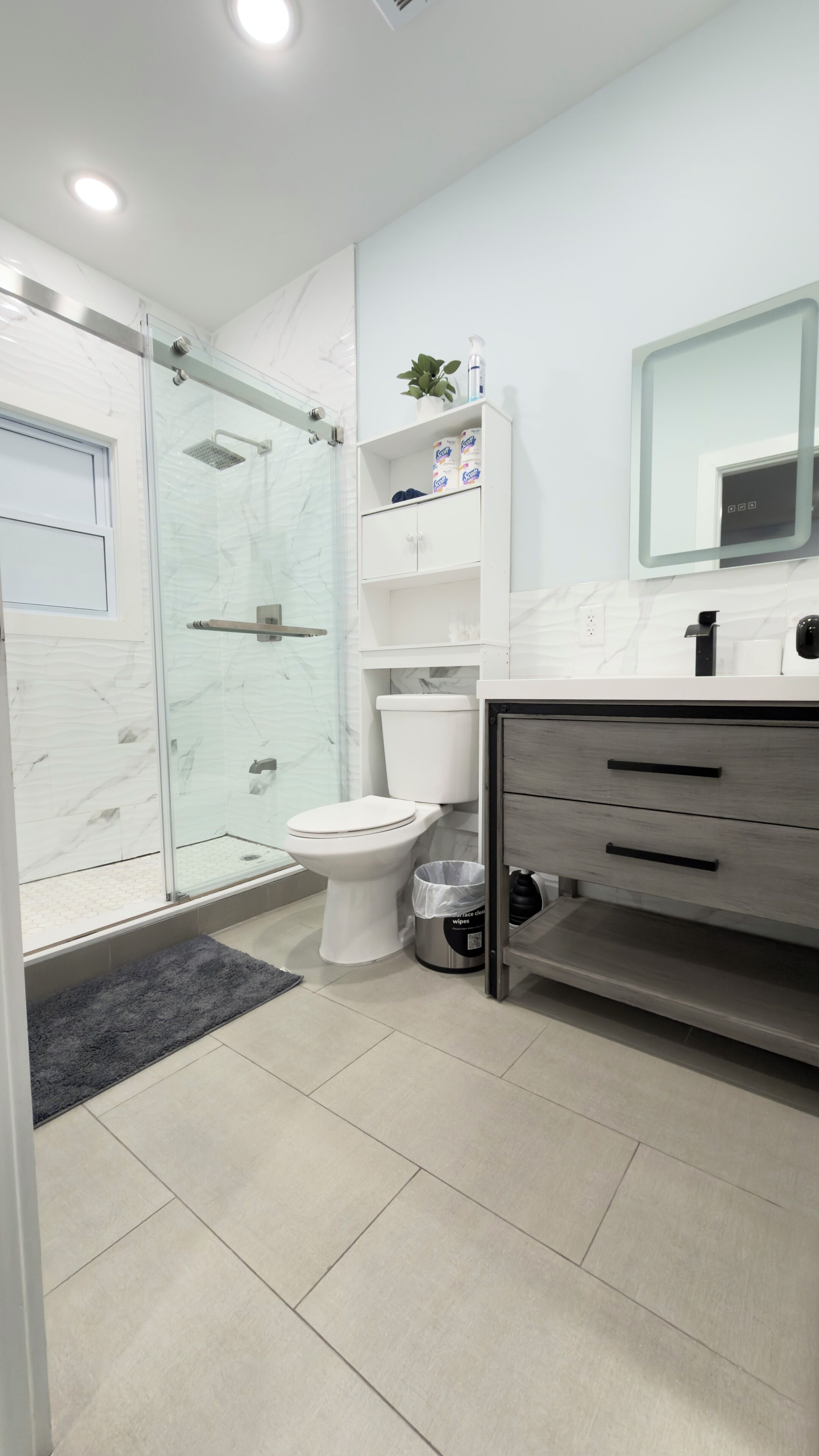 Hair dryer, towels, soap, shampoo