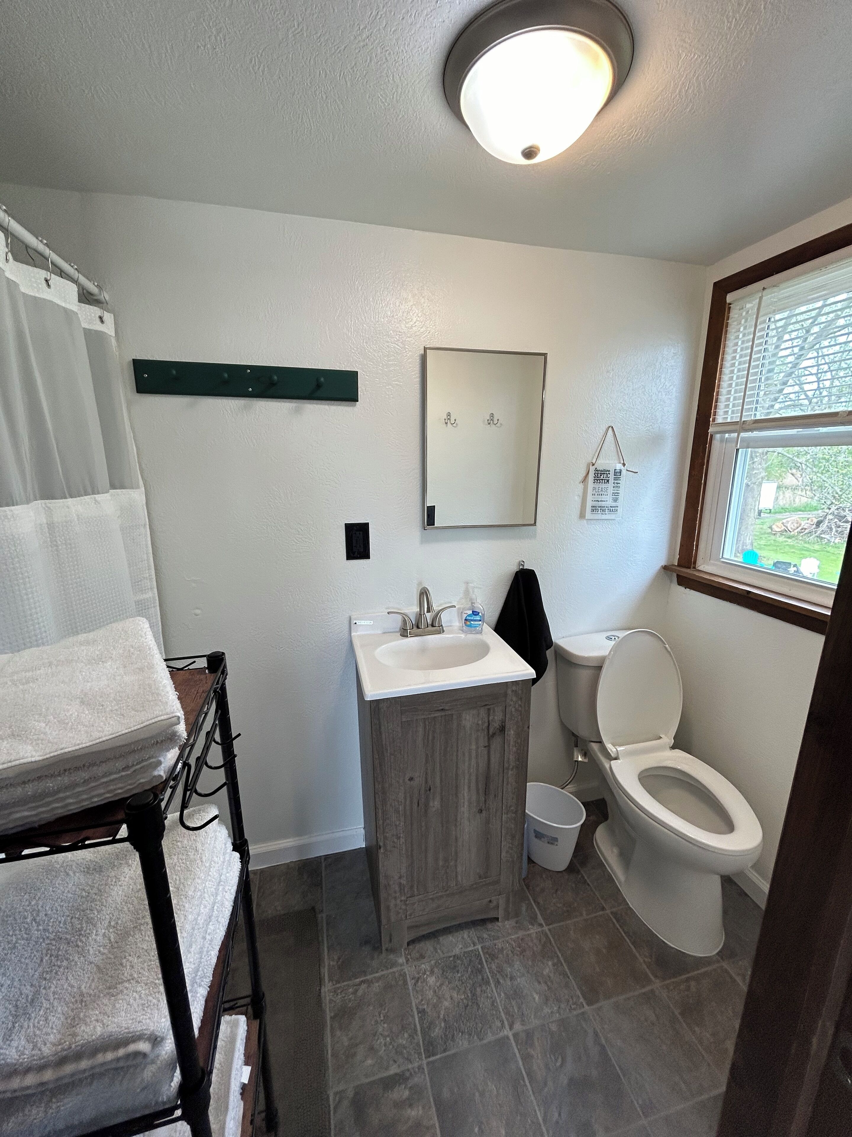 Shower, towels, soap, toilet paper
